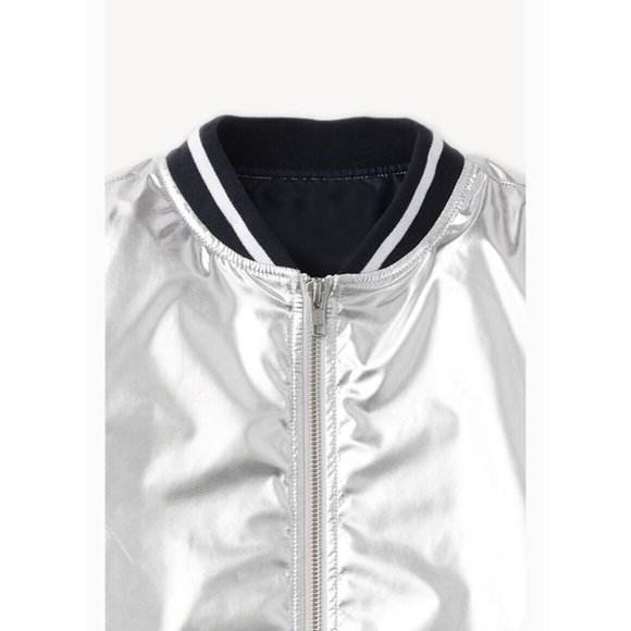 🚀 Rockets Of Awesome Metallic Silver Bomber Jacket Navy Blue White Stripes (XS) - Picture 3 of 7